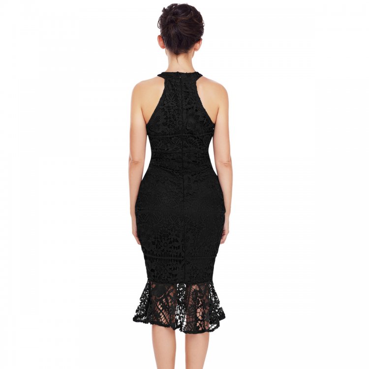 Black Sleeveless Lace Fishtail Bodycon Dress