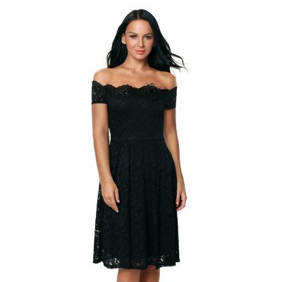 Black Plus Size Scalloped Off Shoulder Flared Lace Dress