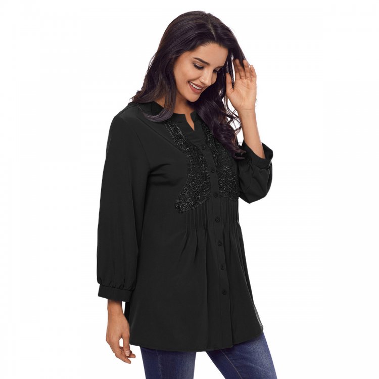 Black Lace and Pleated Detail Button up Blouse