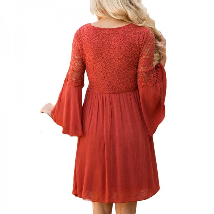 Rusty Red Dreamy Lace Top Elegant Swing Dress
