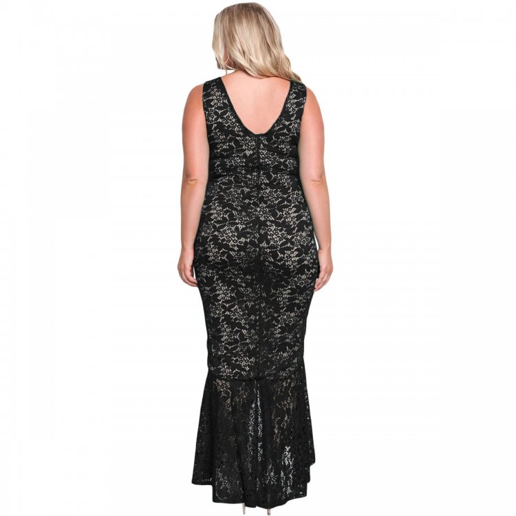 Black Plus Size Floral Lace Ruffle Mermaid Maxi Gown