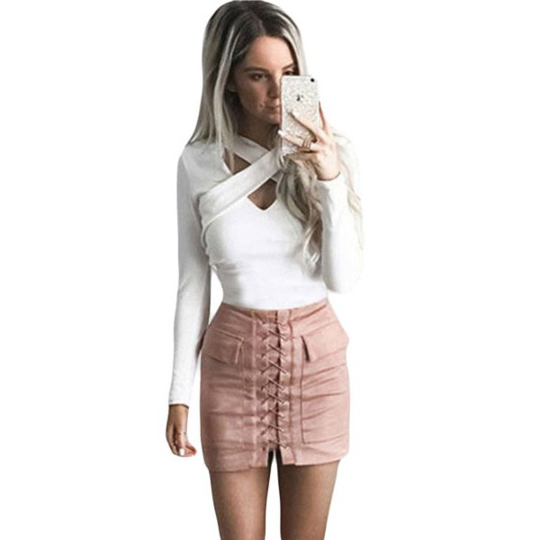 White Cross Straps Front Long Sleeve Crop Top