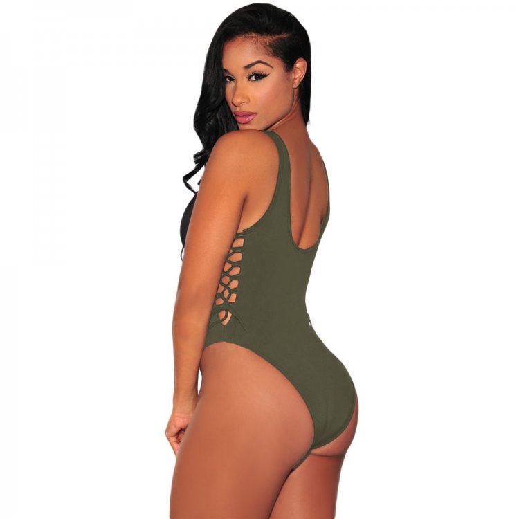 Army Green Lace up High Cut Bodysuit