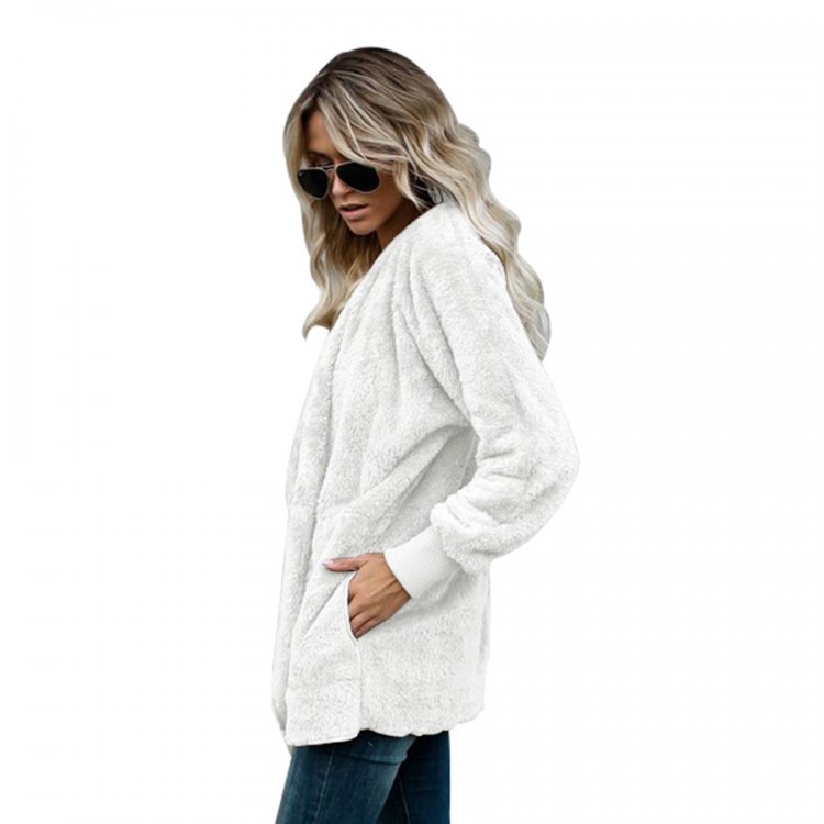 Off White Soft Fleece Hooded Open Front Coat