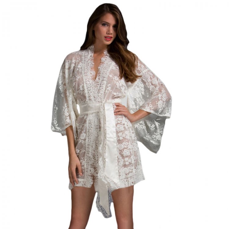 White Belted Lace Kimono Nightwear