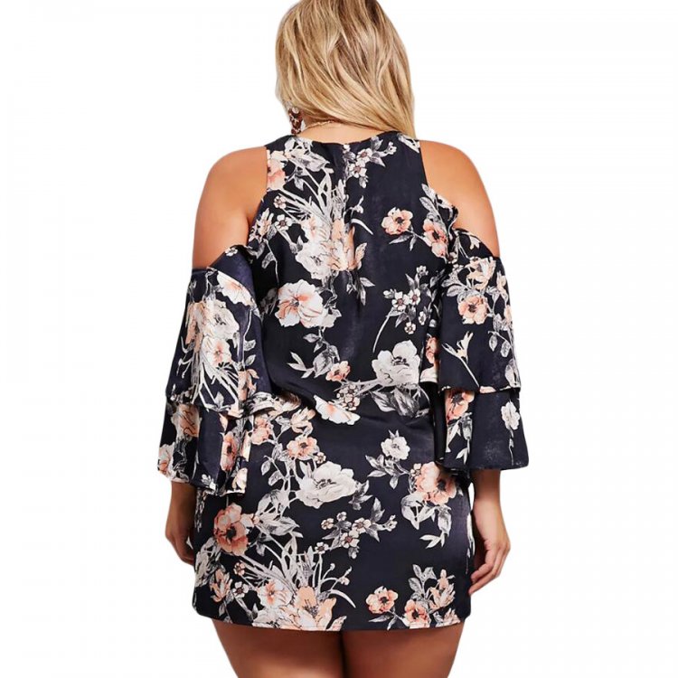 Black Cold Shoulder Floral Print Plus Size Dress