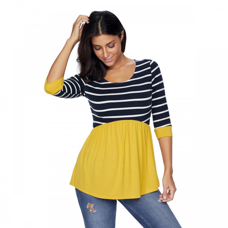 Striped Spliced Yellow Contrast 3/4 Sleeve Blouse
