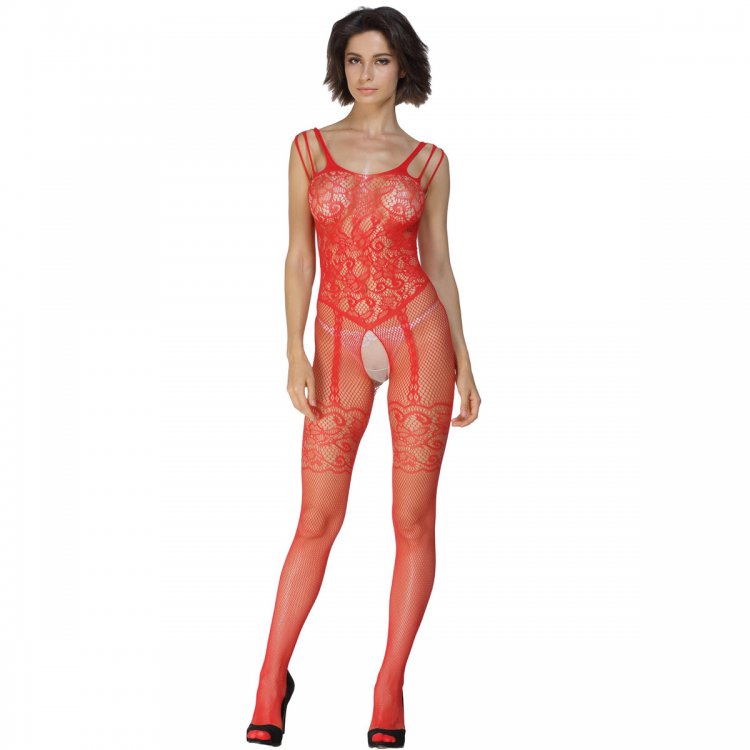 Red Strappy Shoulders Floral Motif Mesh Body Stockings