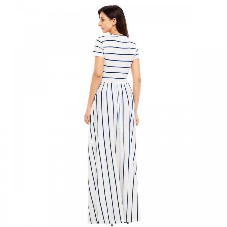 Blue Striped White Short Sleeve Maxi Dress