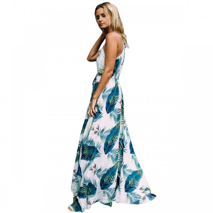 Turquoise Tropical Leaf Print Sexy V Neck Maxi Dress