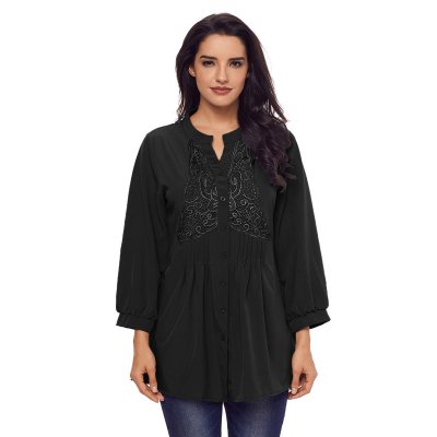 Black Lace and Pleated Detail Button up Blouse