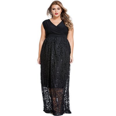 Sexy V Neck Floral Lace Maxi Skirt Plus Dress