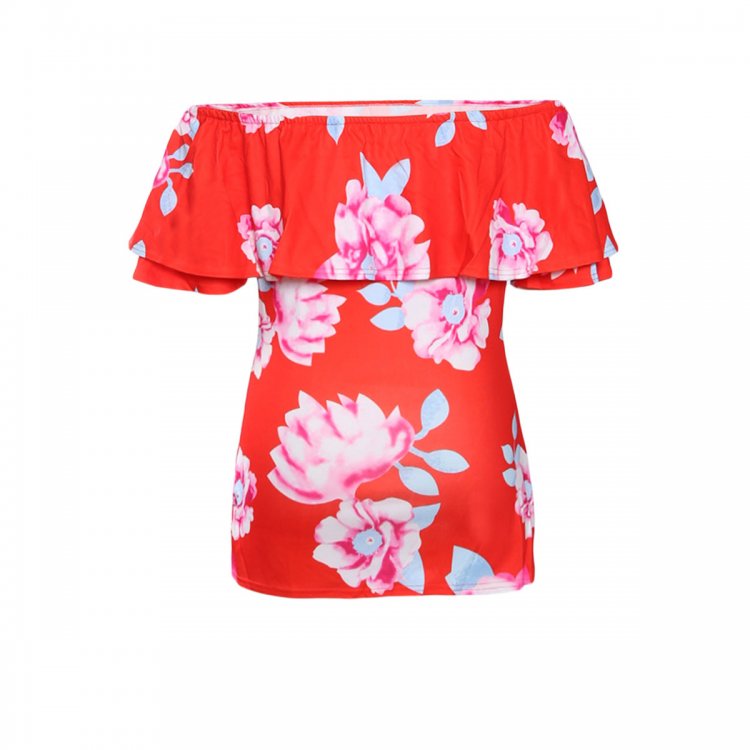 Coral Ruffle Off Shoulder Floral Womens Top