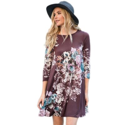 Plum Purple Floral Long Sleeve A-Line Tunic Dress