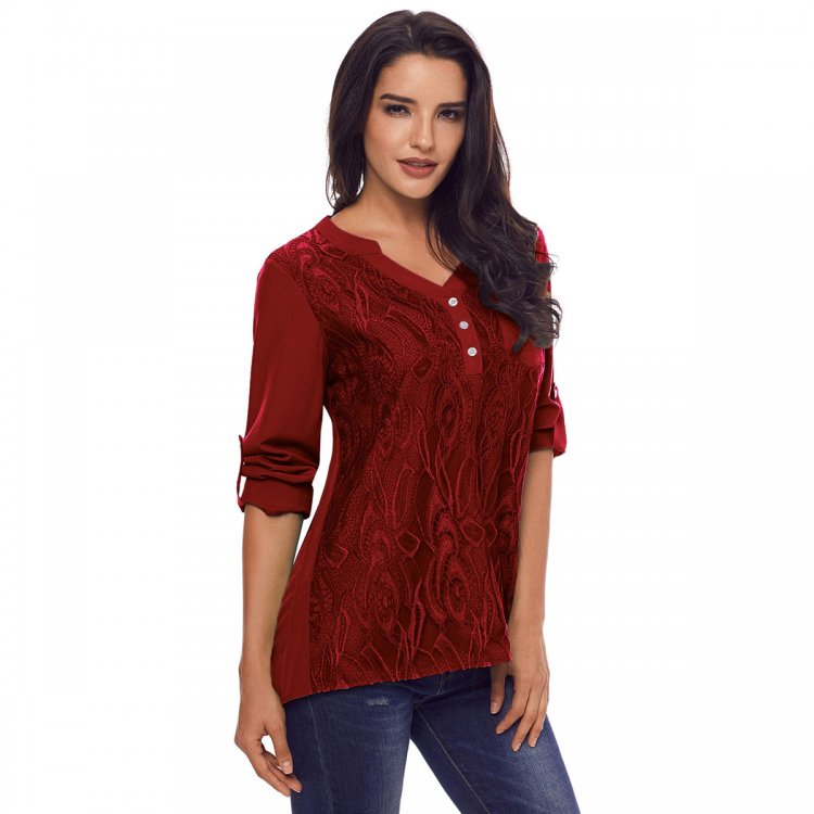 Red Lace Panel Split Neck Roll Tab Sleeve Blouse