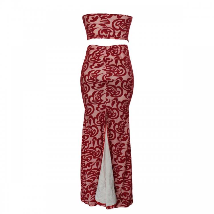 Red Bandeau Paisley Print Nude Lining Skirt Set