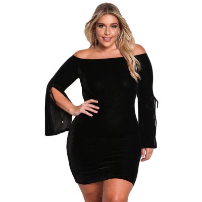 Black Plus Size Velvet Off Shoulder Bell Sleeve Dress