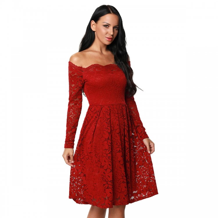 Wine Long Sleeve Floral Lace Boat Neck Cocktail Swing Dress