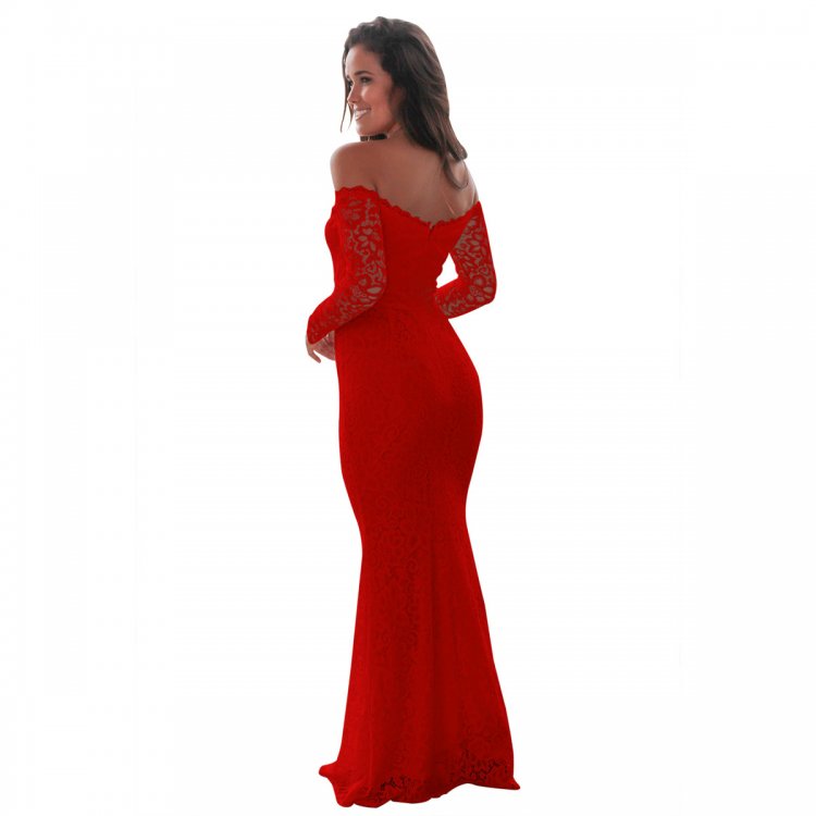 Red Crochet Off Shoulder Maxi Evening Party Dress