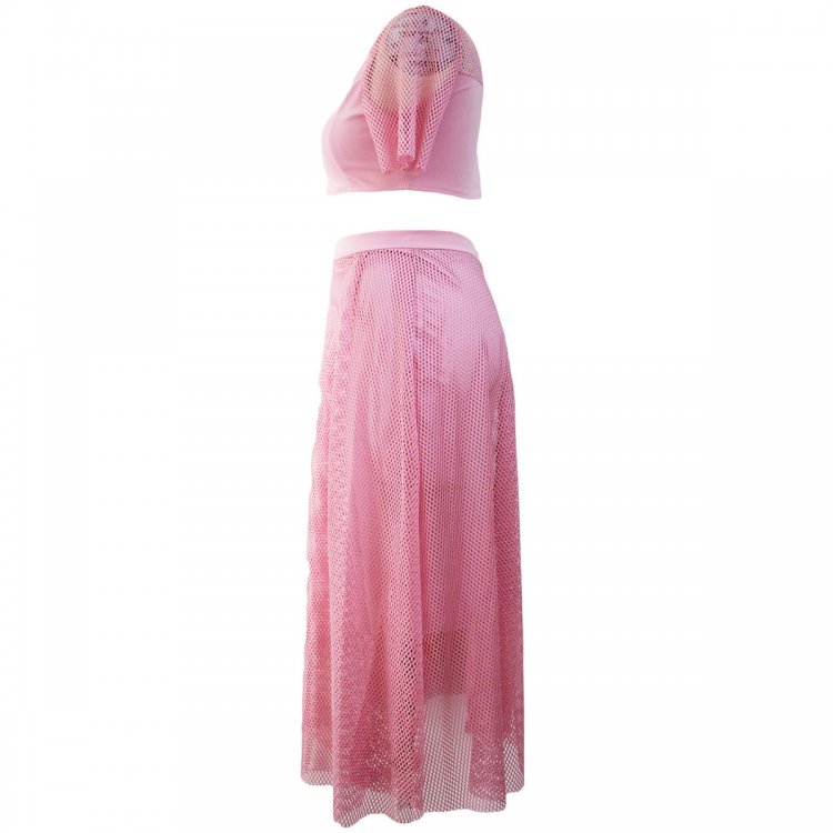 Pink Mesh Joint Plus Crop Top Skirt Set