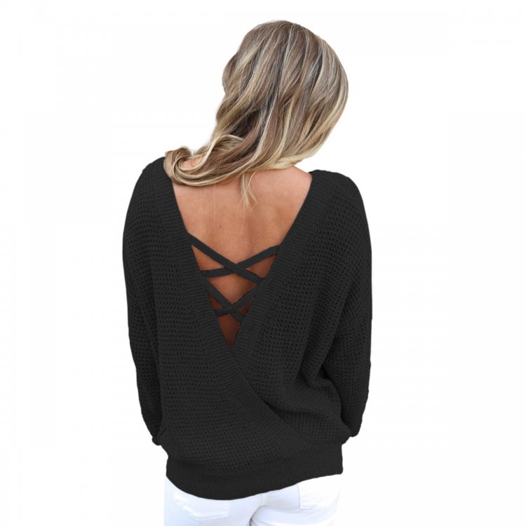 Black Cross Back Hollow-out Sweater