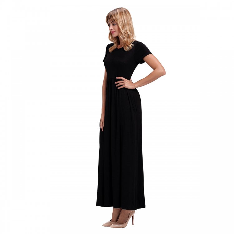 Black Short Sleeve Ruched Waist Maxi Dress
