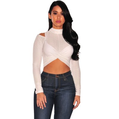 White Textured Arched Long Sleeves Crop Top