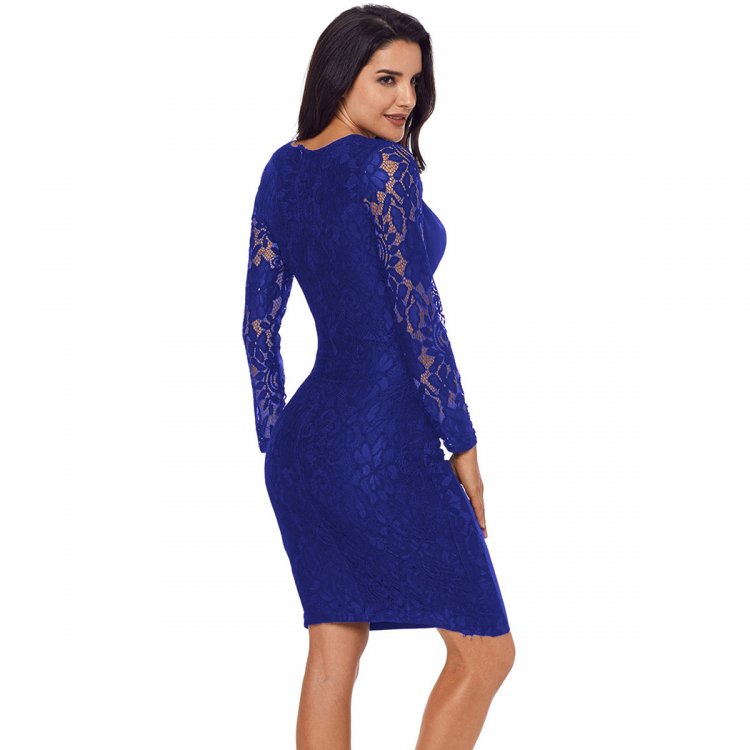 Royal Blue Floral Lace Panel Accent Ruched Sheath Dress