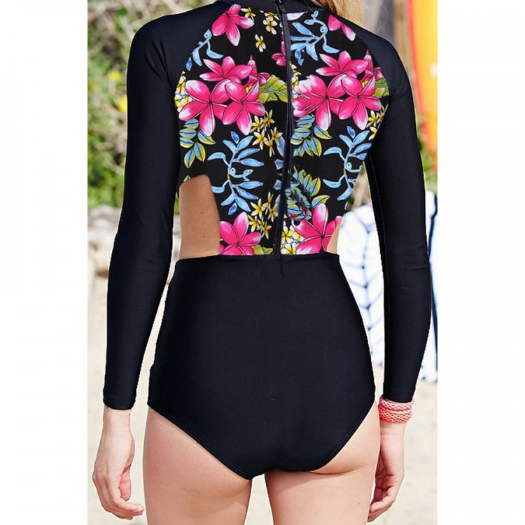 Red Flowery Print Long Sleeve Surfing One Piece Swimsuit