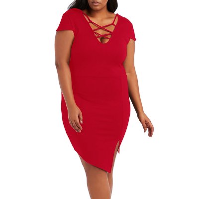 Plus Size Red Strappy Asymmetrical Bodycon Dress