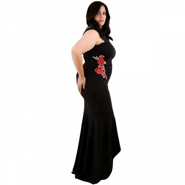 Black Plus Size Embroidery Floral Mermaid Maxi Dress