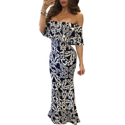 White Tendril Print Navy Off-the-shoulder Maxi Dress