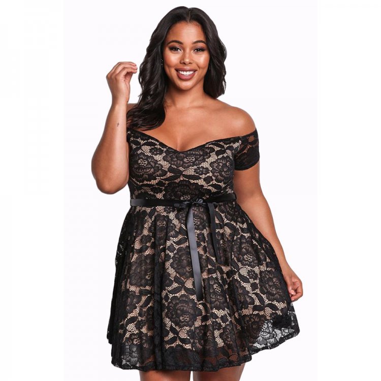 Black Plus Size Floral Lace Flared Off Shoulder Dress