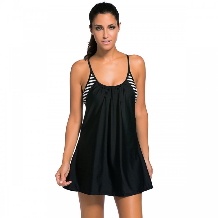 Black Flowing Swim Dress Layered 1pc Tankini Top