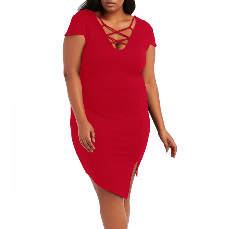 Plus Size Red Strappy Asymmetrical Bodycon Dress