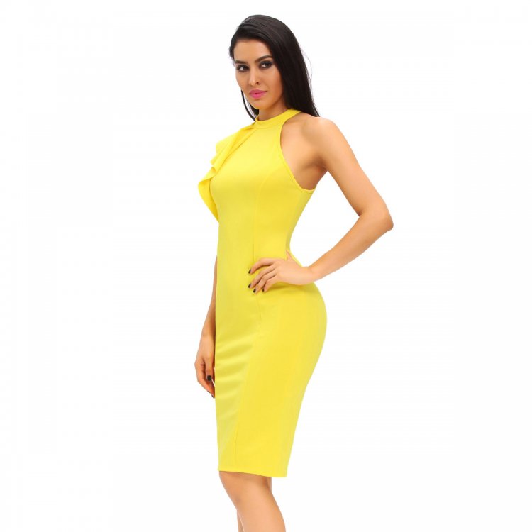 Yellow One Shoulder Ruffle Sleeve Midi Dress