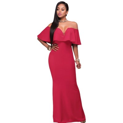 Rosy Ruffle Off Shoulder Maxi Party Dress