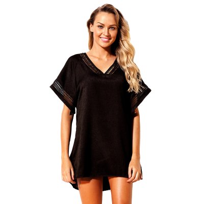 Black Hollow Out Crochet V-Neck Cover-Up