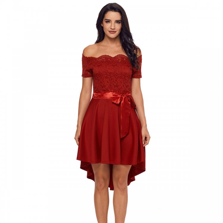 Red Lace Off Shoulder Dip Hem Prom Dress