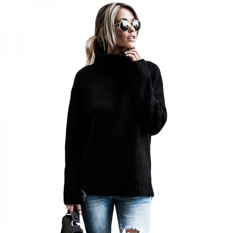 Black Causal Knit High Neck Loose Sweater