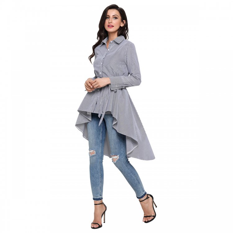 Gray Striped Lapel Shirt High Low Belted Blouse Top
