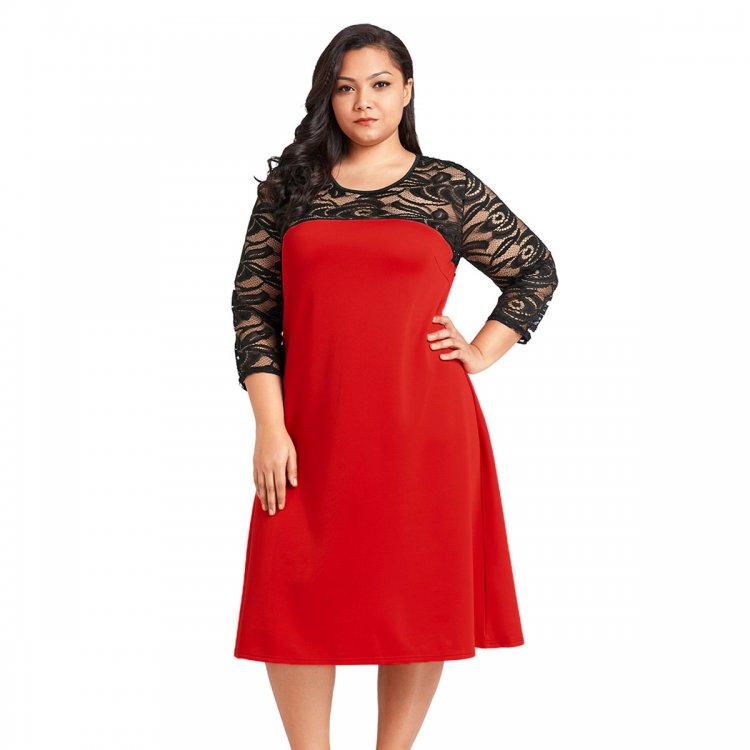 Red O Neck Lace Splice Plus Size Dress