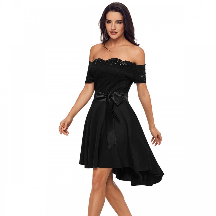Black Lace Off Shoulder Dip Hem Prom Dress