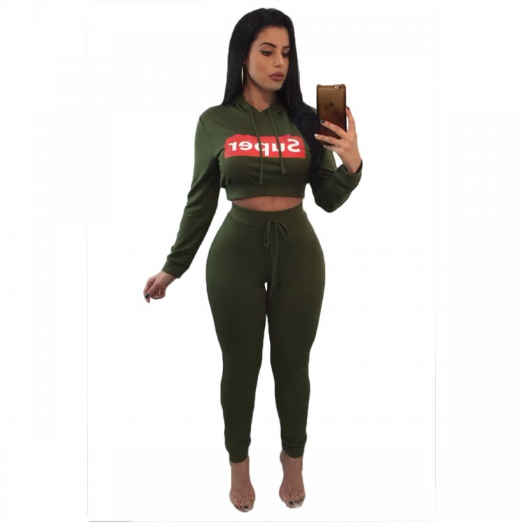 Army Green Super Hooded Crop Top Skinny Jogger Pant Set