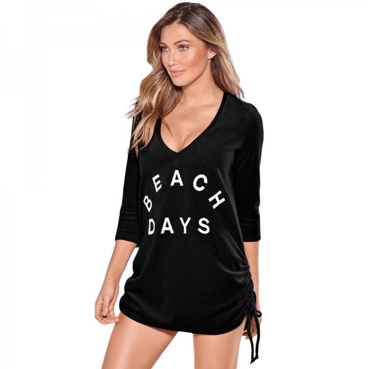 Black Ruched Tie Side V Neck Beach Cover Up
