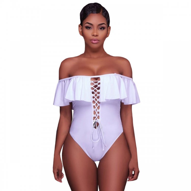 White Ruffle Off-The-Shoulder One Piece Swimsuit