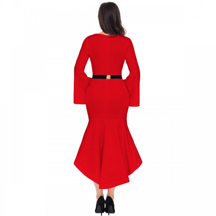 Red Bell Sleeve Dip Hem Belted Dress