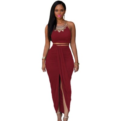 Date Red Cotton Two Piece Maxi Skirt Set