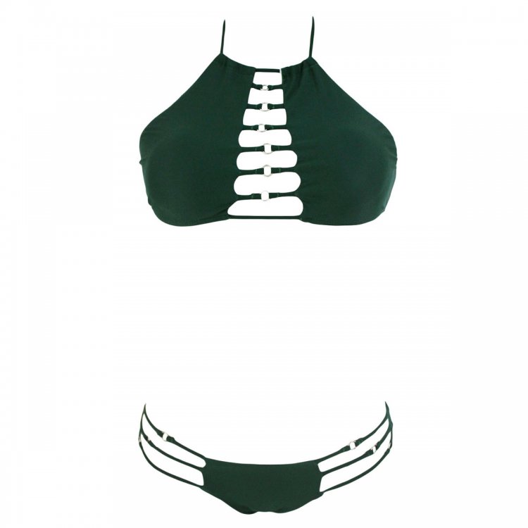 Army Green Glittering High Neck Bathing Suit