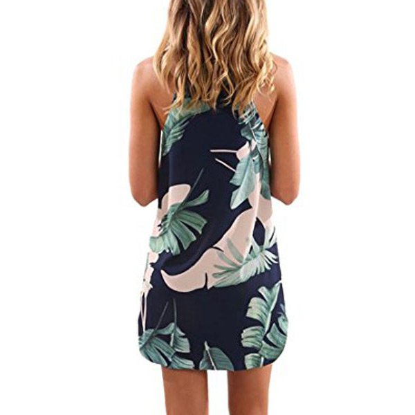 Palm Tree Leaf Print Navy Sleeveless Dress